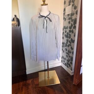 Derek Lam New York Women White Black Pinstripe Tie Neck Long Sleeve Blouse Top